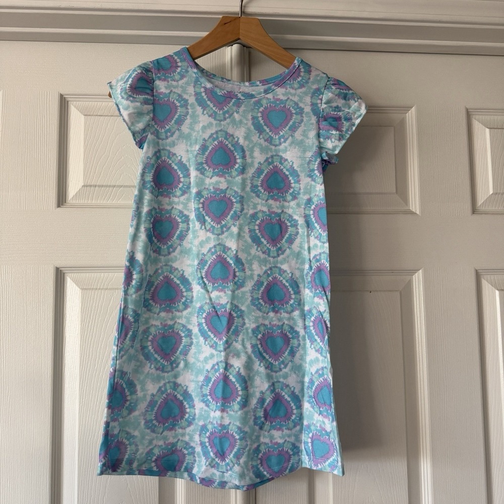 Cuddl Duds Girls M 7/8 Blue Purple White Tie Dye Heart T-Shirt Dress Flutter